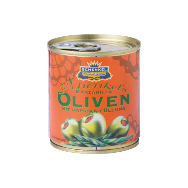 Schenkel Oliven "Manzanilla" grün, mit Paprika-Füllung, aus Spanien, 85 Gramm (Abtropfgewicht)